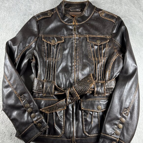 Dollhouse Distressed Moto Utility Belted Faux Leather Jacket Women’s M Brown - Picture 11 of 16
